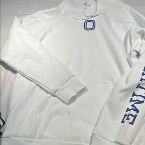 White and Blue Cotton Blend Hoodie with Ribbed Cuffs